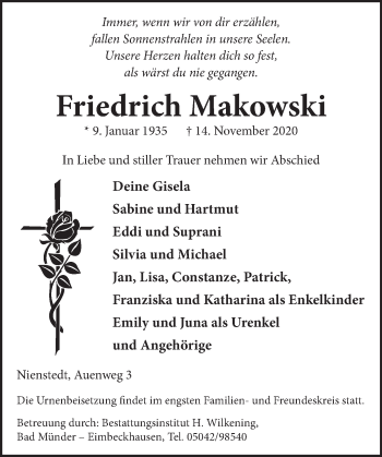 Traueranzeige von Friedrich Makowski von Neue Deister-Zeitung