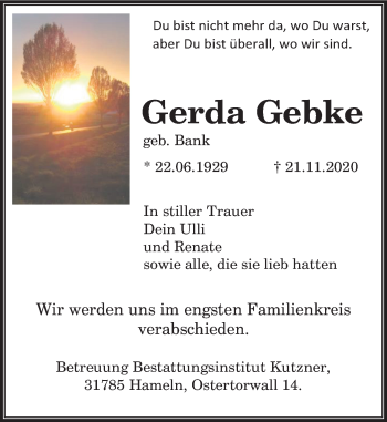 Traueranzeige von Gerda Gebke von Deister- und Weserzeitung