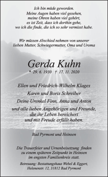 Traueranzeige von Gerda Kuhn von Deister- und Weserzeitung
