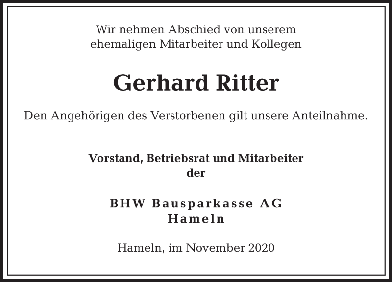  Traueranzeige für Gerhard Ritter vom 06.11.2020 aus Deister- und Weserzeitung