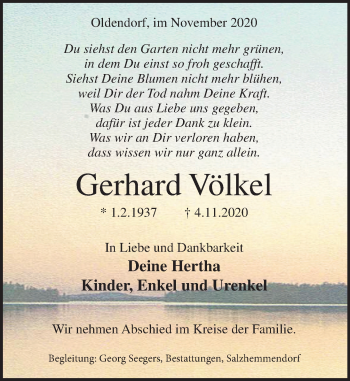 Traueranzeige von Gerhard Völkel von Deister- und Weserzeitung