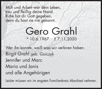 Traueranzeige von Gero Grahl von Deister- und Weserzeitung