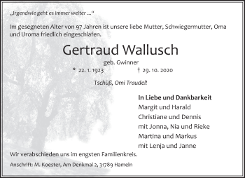 Traueranzeige von Gertraud Wallusch von Deister- und Weserzeitung