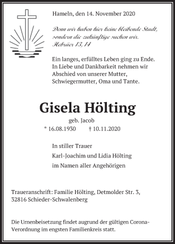 Traueranzeige von Gisela Hölting von Deister- und Weserzeitung
