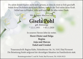 Traueranzeige von Gisela Pohl von Deister- und Weserzeitung