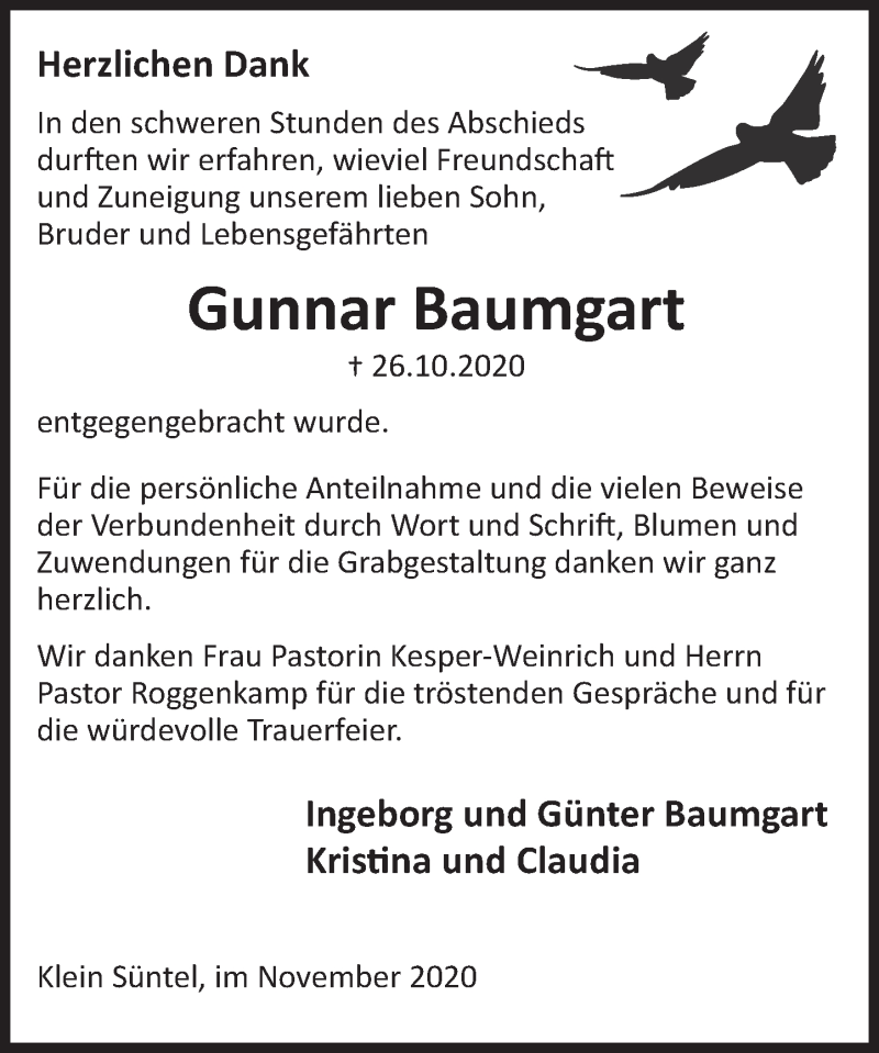  Traueranzeige für Gunnar Baumgart vom 14.11.2020 aus Deister- und Weserzeitung