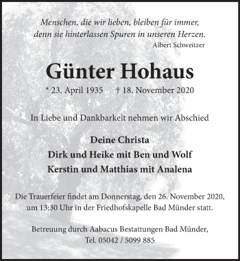 Traueranzeige von Günter Hohaus von Neue Deister-Zeitung