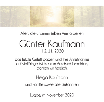 Traueranzeige von Günter Kaufmann von Deister- und Weserzeitung
