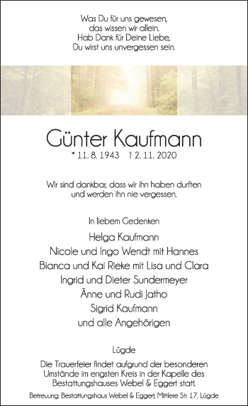 Traueranzeige von Günter Kaufmann von Deister- und Weserzeitung
