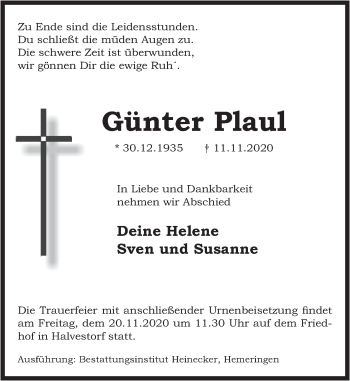 Traueranzeige von Günter Plaul von Deister- und Weserzeitung