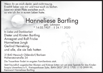 Traueranzeige von Hanneliese Bartling von Deister- und Weserzeitung