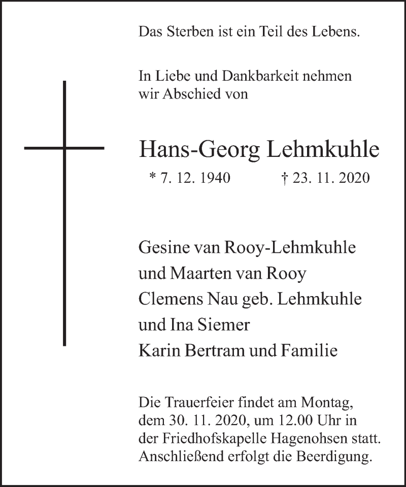  Traueranzeige für Hans-Georg Lehmkuhle vom 26.11.2020 aus Deister- und Weserzeitung