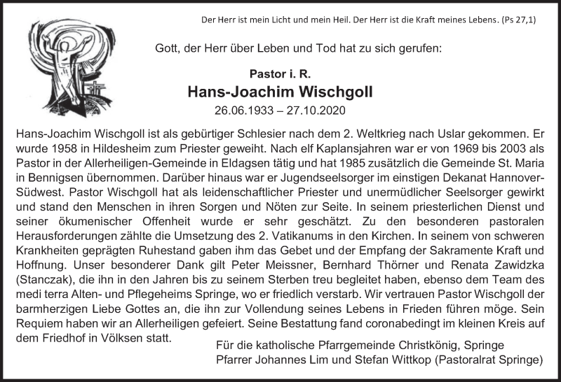  Traueranzeige für Hans-Joachim Wischgoll vom 07.11.2020 aus Neue Deister-Zeitung