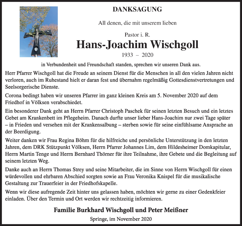 Traueranzeige für Hans-Joachim Wischgoll vom 28.11.2020 aus Neue Deister-Zeitung