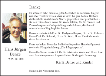 Traueranzeige von Hans Jürgen Benze von Deister- und Weserzeitung
