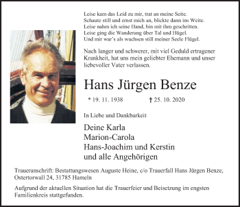 Traueranzeige von Hans Jürgen Benze von Deister- und Weserzeitung