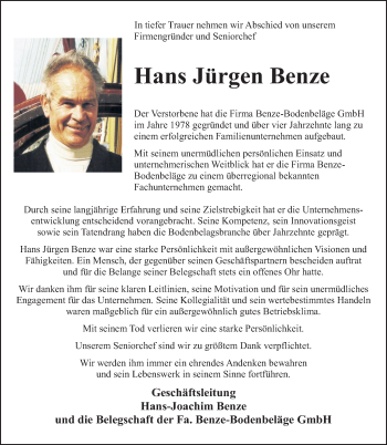 Traueranzeige von Hans Jürgen Benze von Deister- und Weserzeitung