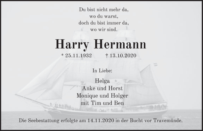  Traueranzeige für Harry Hermann vom 21.11.2020 aus Deister- und Weserzeitung