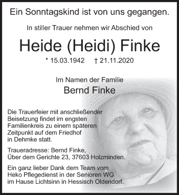Traueranzeige von Heide Finke von Deister- und Weserzeitung