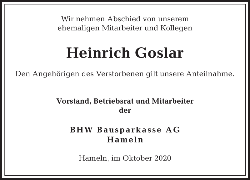  Traueranzeige für Heinrich Goslar vom 03.11.2020 aus Deister- und Weserzeitung
