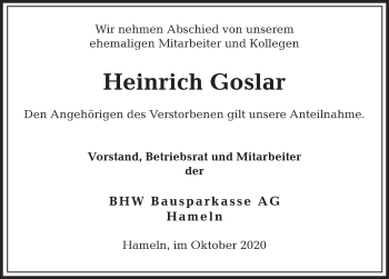 Traueranzeige von Heinrich Goslar von Deister- und Weserzeitung