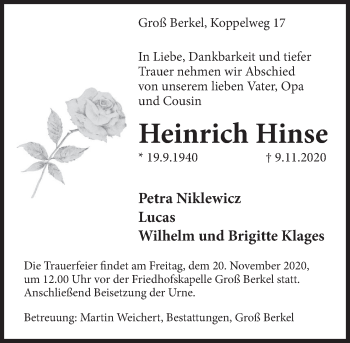 Traueranzeige von Heinrich Hinse von Deister- und Weserzeitung