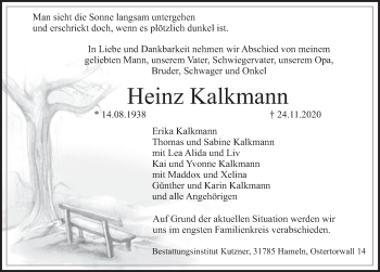 Traueranzeige von Heinz Kalkmann von Deister- und Weserzeitung