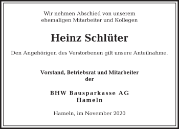 Traueranzeige von Heinz Schlüter von Deister- und Weserzeitung