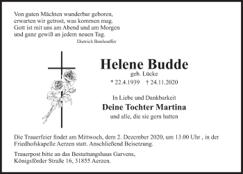 Traueranzeige von Helene Budde von Deister- und Weserzeitung