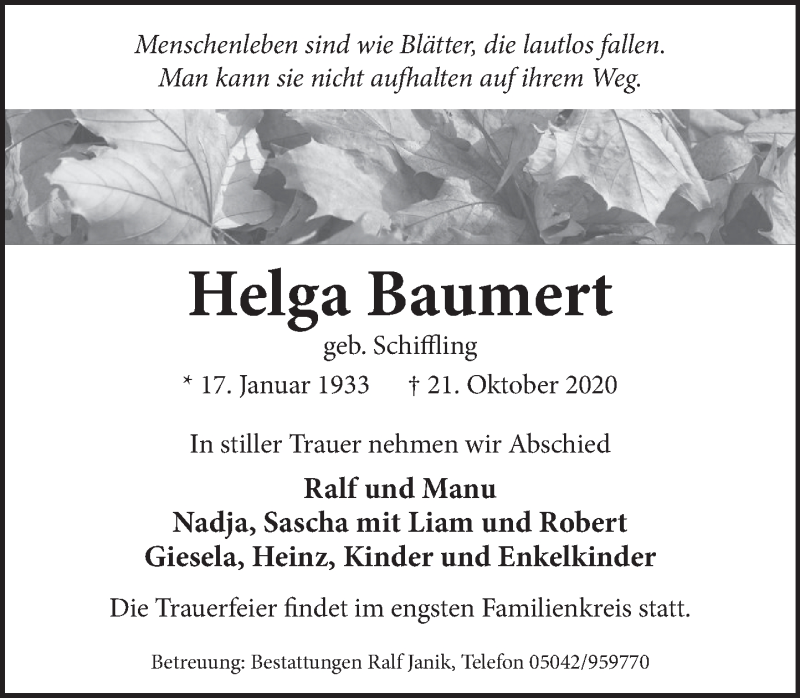  Traueranzeige für Helga Baumert vom 07.11.2020 aus Neue Deister-Zeitung