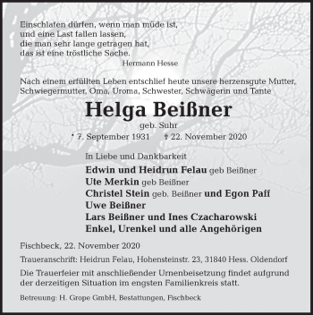 Traueranzeige von Helga Beißner von Deister- und Weserzeitung