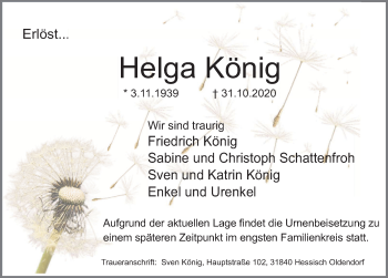 Traueranzeige von Helga König von Deister- und Weserzeitung