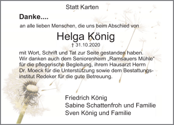 Traueranzeige von Helga König von Deister- und Weserzeitung
