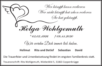Traueranzeige von Helga Wohlgemuth von Neue Deister-Zeitung
