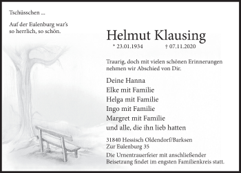 Traueranzeige von Helmut Klausing von Deister- und Weserzeitung