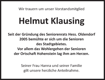 Traueranzeige von Helmut Klausing von Deister- und Weserzeitung