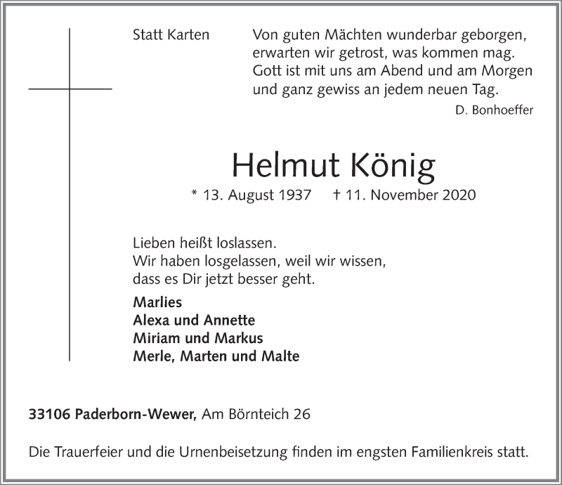  Traueranzeige für Helmut König vom 14.11.2020 aus Deister- und Weserzeitung