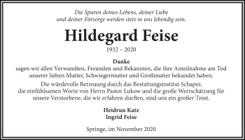 Traueranzeige von Hildegard Feise von Neue Deister-Zeitung