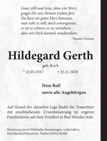 Traueranzeige von Hildegard Gerth von Deister- und Weserzeitung