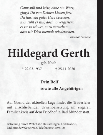 Traueranzeige von Hildegard Gerth von Neue Deister-Zeitung