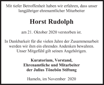 Traueranzeige von Horst Rudolph von Deister- und Weserzeitung