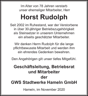 Traueranzeige von Horst Rudolph von Deister- und Weserzeitung