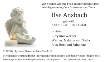 Traueranzeige von Ilse Ansbach von Deister- und Weserzeitung