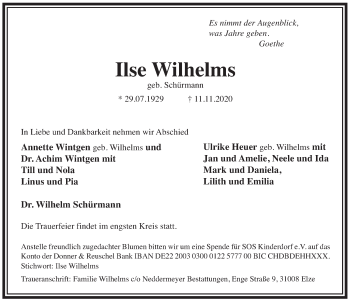 Traueranzeige von Ilse Wilhelms von Deister- und Weserzeitung