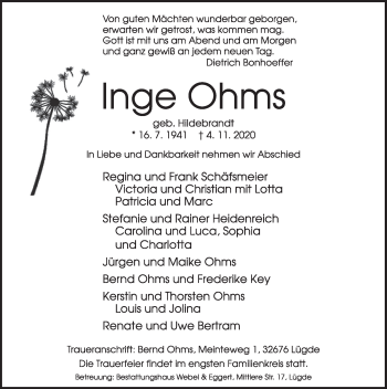 Traueranzeige von Inge Ohms von Deister- und Weserzeitung