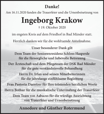 Traueranzeige von Ingeborg Krakow von Neue Deister-Zeitung