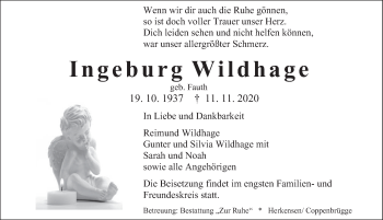 Traueranzeige von Ingeburg Wildhage von Deister- und Weserzeitung