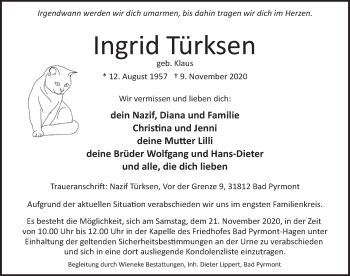 Traueranzeige von Ingrid Türksen von Deister- und Weserzeitung
