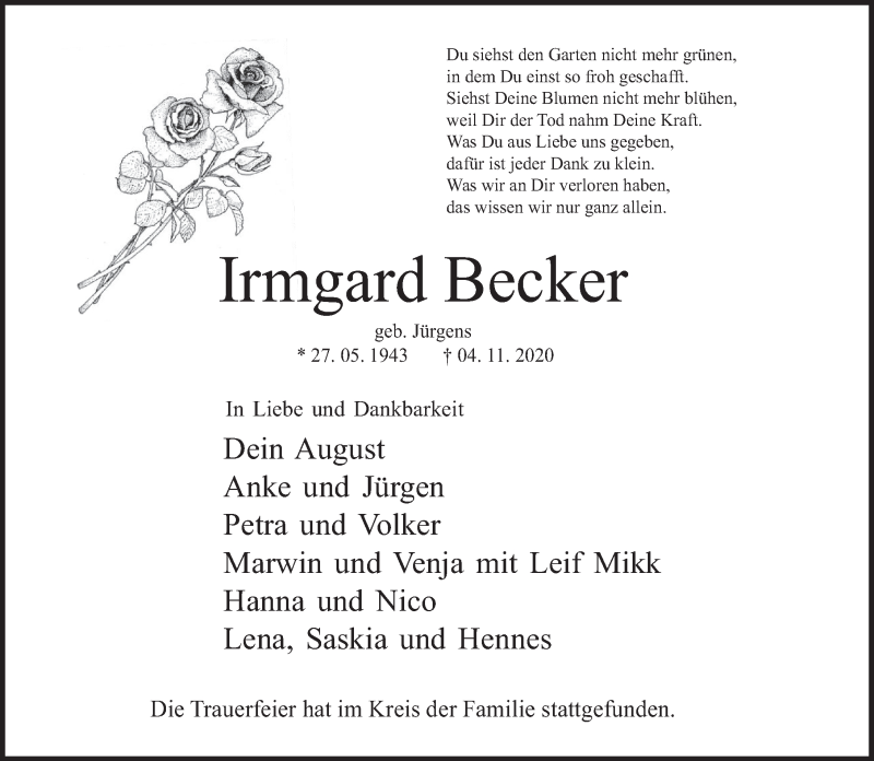  Traueranzeige für Irmgard Becker vom 14.11.2020 aus Deister- und Weserzeitung
