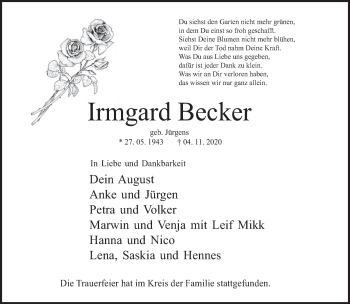Traueranzeige von Irmgard Becker von Deister- und Weserzeitung